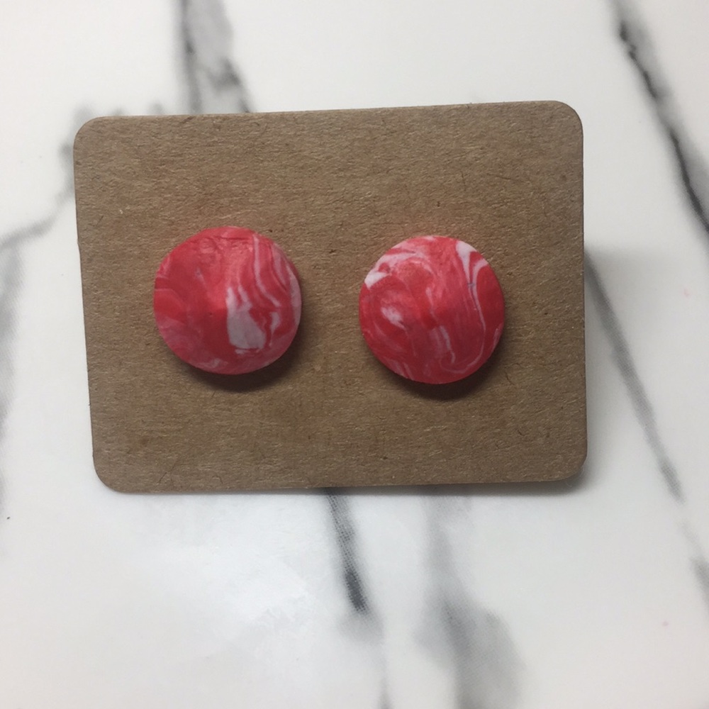 Handmade Polymer Clay Earrings - Red Marbled Stud
